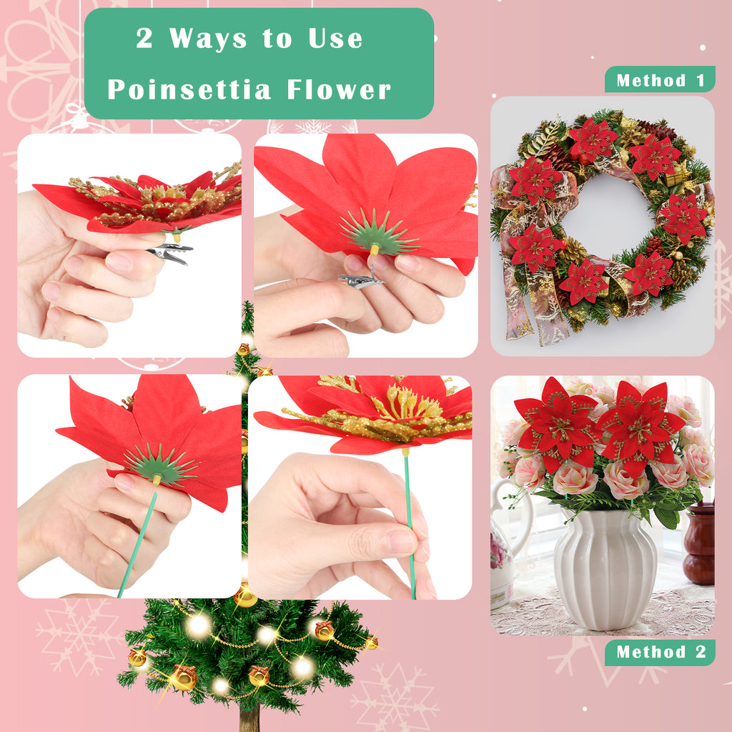 Christmas Tree Glitter Poinsettia Flowers Artificial Berry Picks Decorations，12 pcs