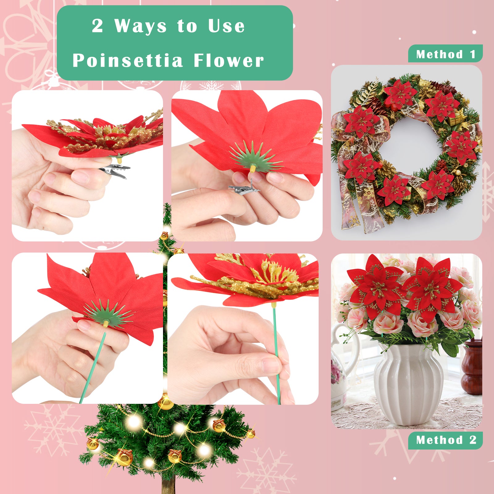 Christmas Tree Glitter Poinsettia Flowers Artificial Berry Picks Decorations，12 pcs