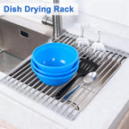 Roll Up Over Sink Dish Drying Rack (17.5''x13'') - Foldable Silicone Wrapped Stainless Steel Drainer, Grey