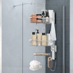 70cm Height Adjustable Over Shower Glass Caddy, 3-Tier Stainless Steel Hanging Bathroom Shelf with Soap Tray & Multi Hooks, Drill-Free Shower Organizer for Bathroom, Shower Stall