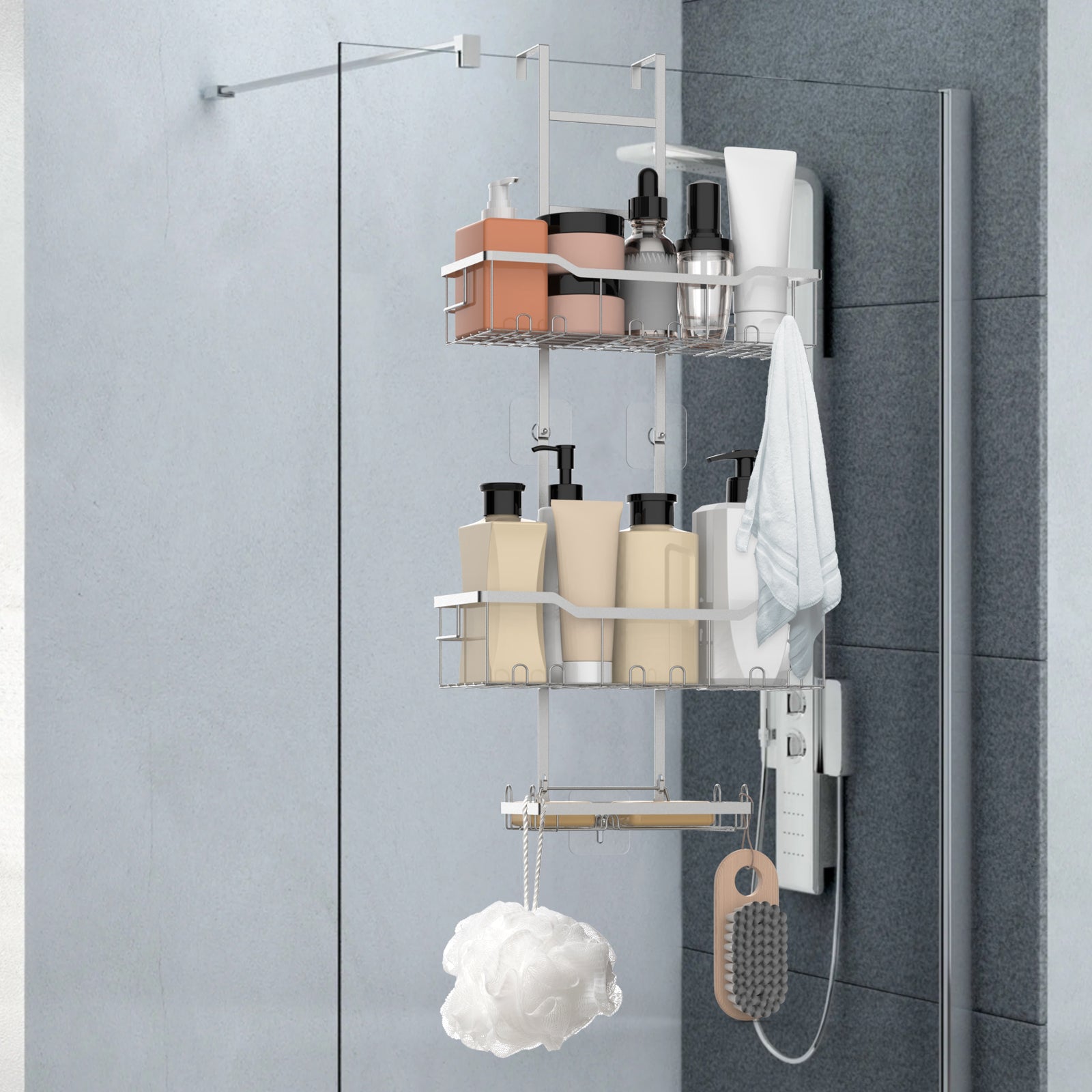 70cm Height Adjustable Over Shower Glass Caddy, 3-Tier Stainless Steel Hanging Bathroom Shelf with Soap Tray & Multi Hooks, Drill-Free Shower Organizer for Bathroom, Shower Stall