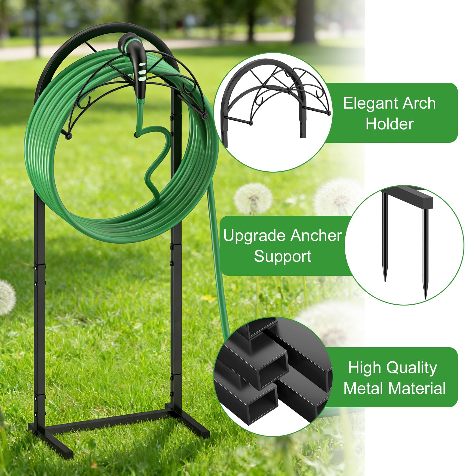 Freestanding Garden Hose Holder - Heavy Duty Metal Water Hose Stand with 4 Spikes - Detachable Hose Storage for Yard & Pool - Holds up to 150ft