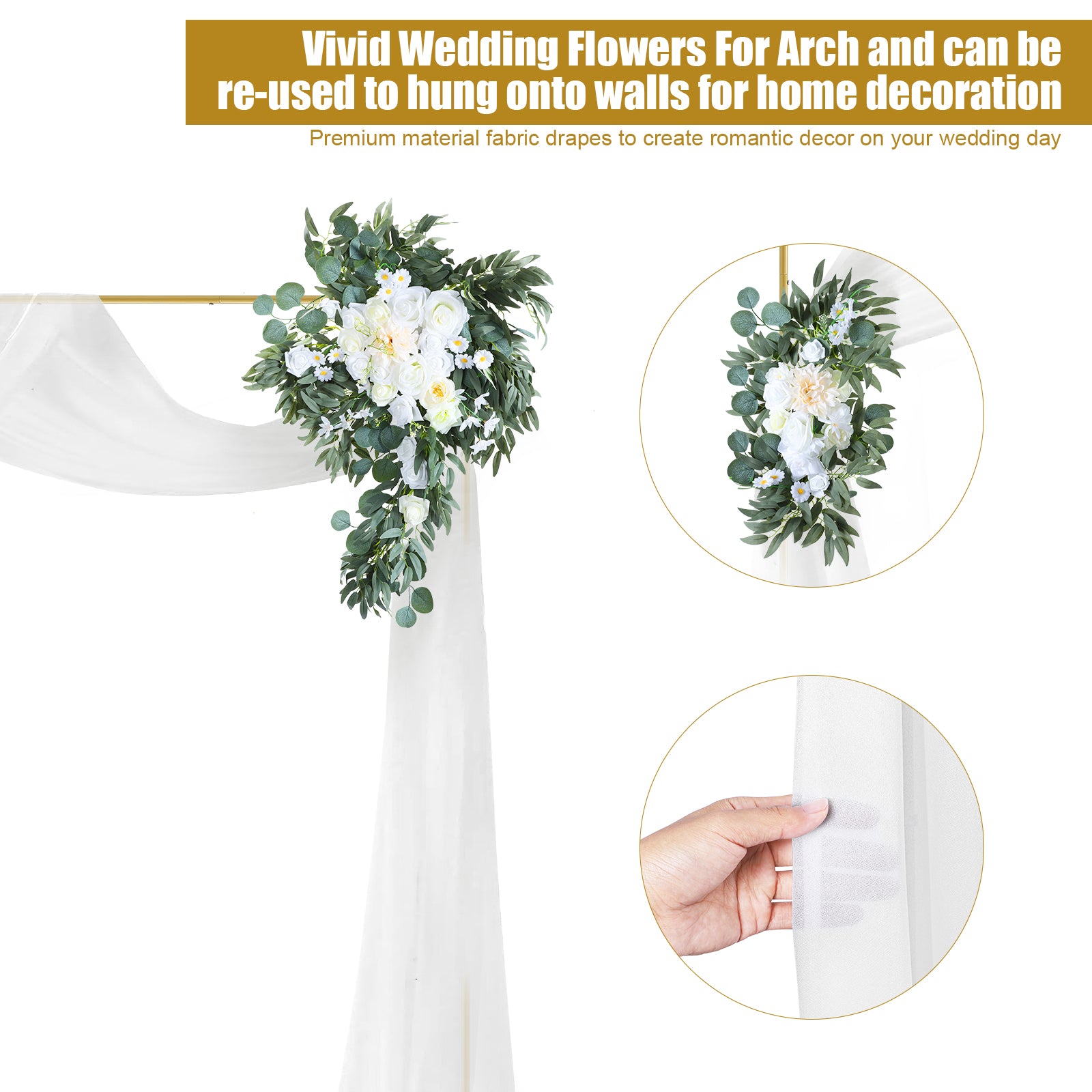 6.6 Ft Square Round Tube Wedding Arch in Gold with Floral Decoration, Wedding Arch Garland Flowers and Valance Kit, Square Background Curtain Stand for Parties, Birthday Ceremonies, Home Decorations