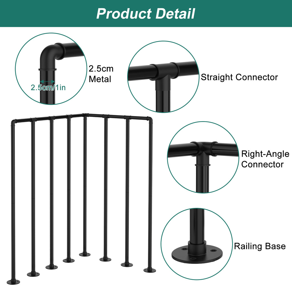 Porch Deck Railing Kit, Metal Deck Balusters, Black Horizontal Wrought Iron Guard Fence Handrail, Flat Hand Rails System for Outdoor/Indoor Porch, Balcony, Patio