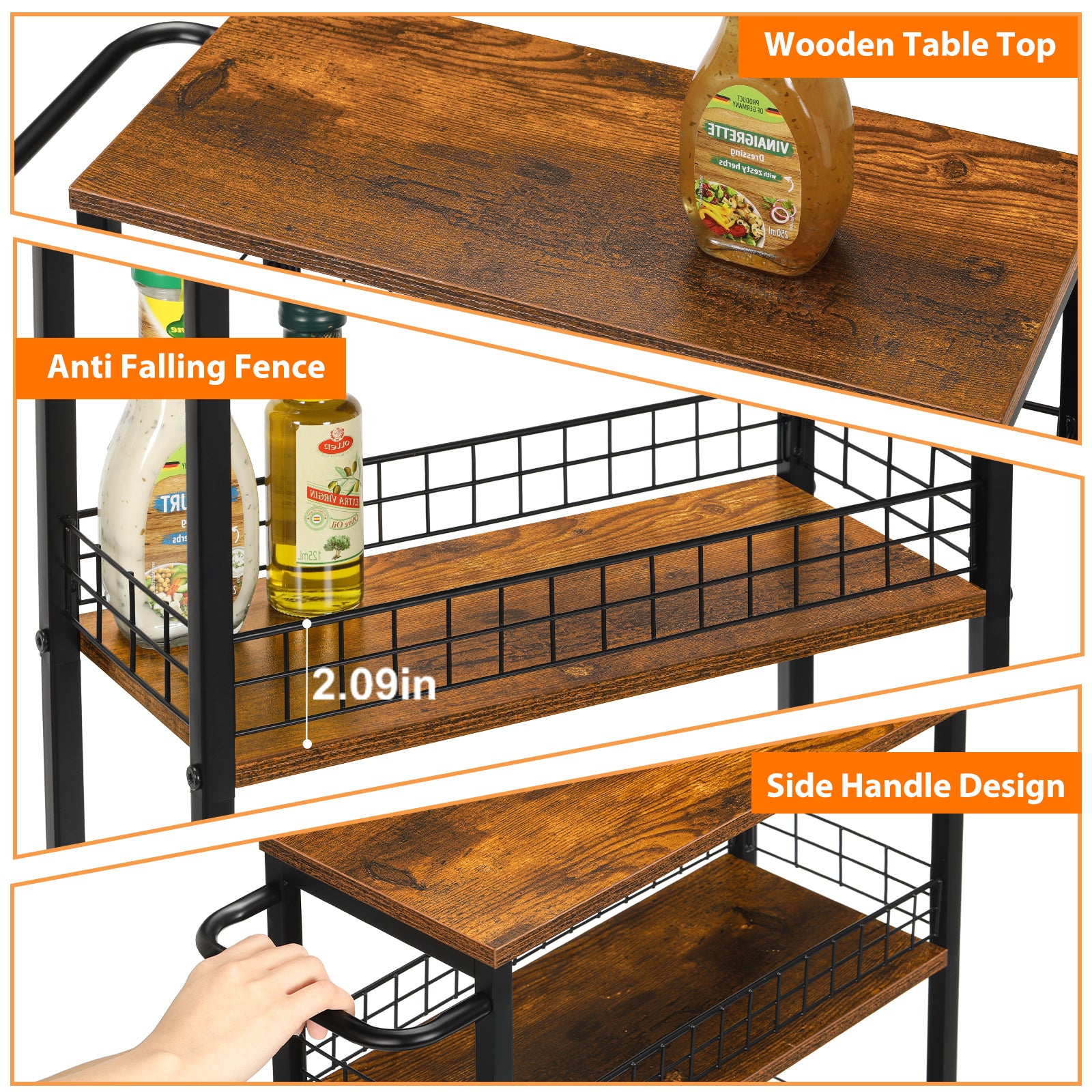 4-Tier Slim Rolling Cart | 7.3" Narrow Slide-Out Pantry Organizer with Rustic Wood Top