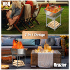 24 Inch Stainless Steel Outdoor Fire Pit, 3-in-1 Wood Burning Square Fire Pit with Cooking Grate, Storage Space & Ash Pan, Multi-functional Firepit for Camping Backyard Bonfire BBQ Picnic Patio