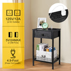 Tall Nightstand with Charging Station, 3-Tier Bedside Table with Storage Drawer & Mesh Basket, Slim End Table for Living Room & Small Spaces,