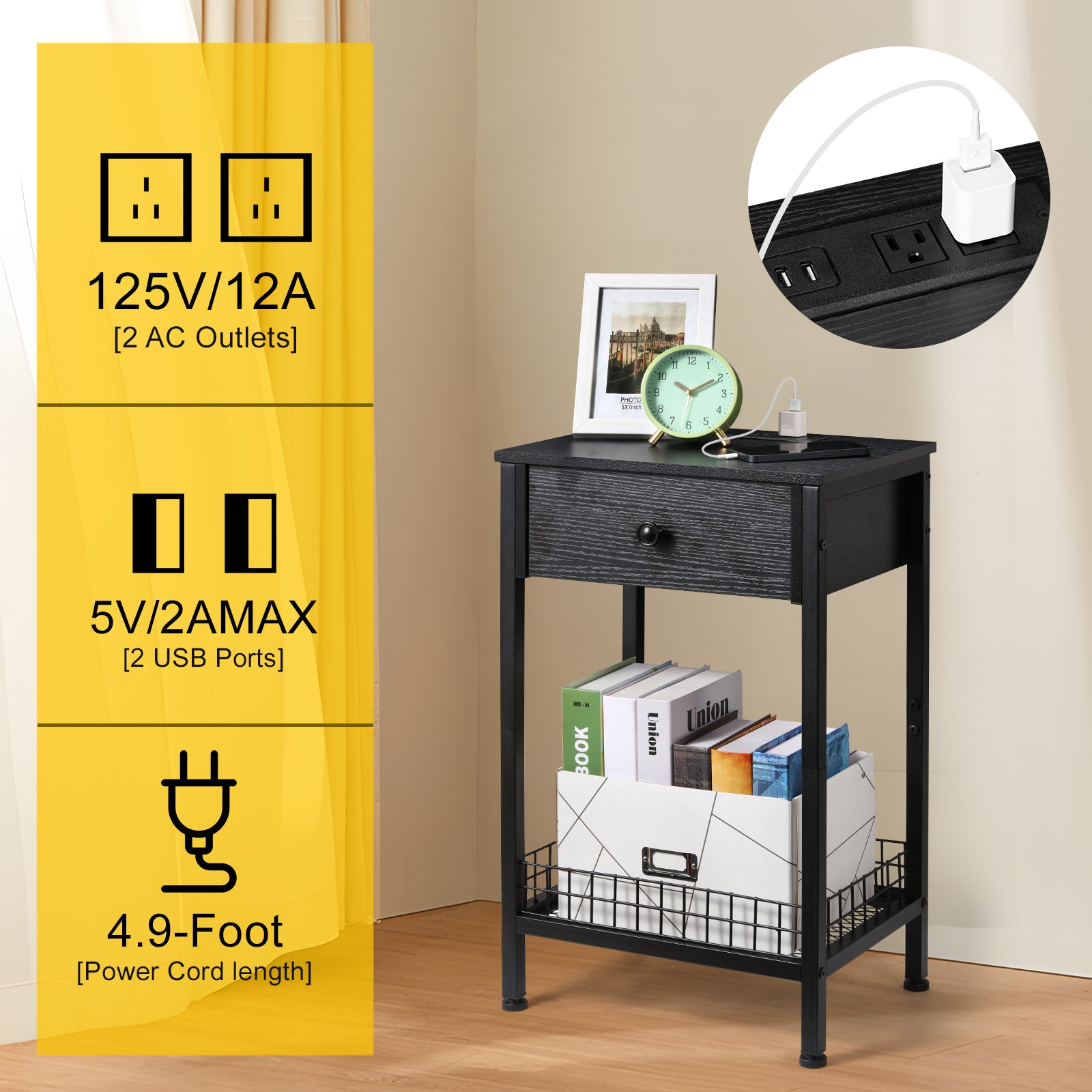 Tall Nightstand with Charging Station, 3-Tier Bedside Table with Storage Drawer & Mesh Basket, Slim End Table for Living Room & Small Spaces,