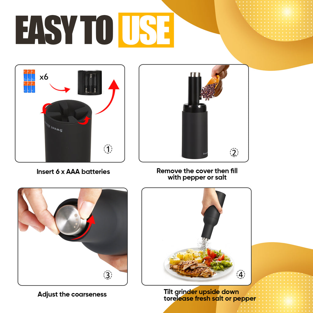 Gravity Automatic Salt and Pepper Grinder Set - Electric Battery Operated Mill with LED Light, Black & White