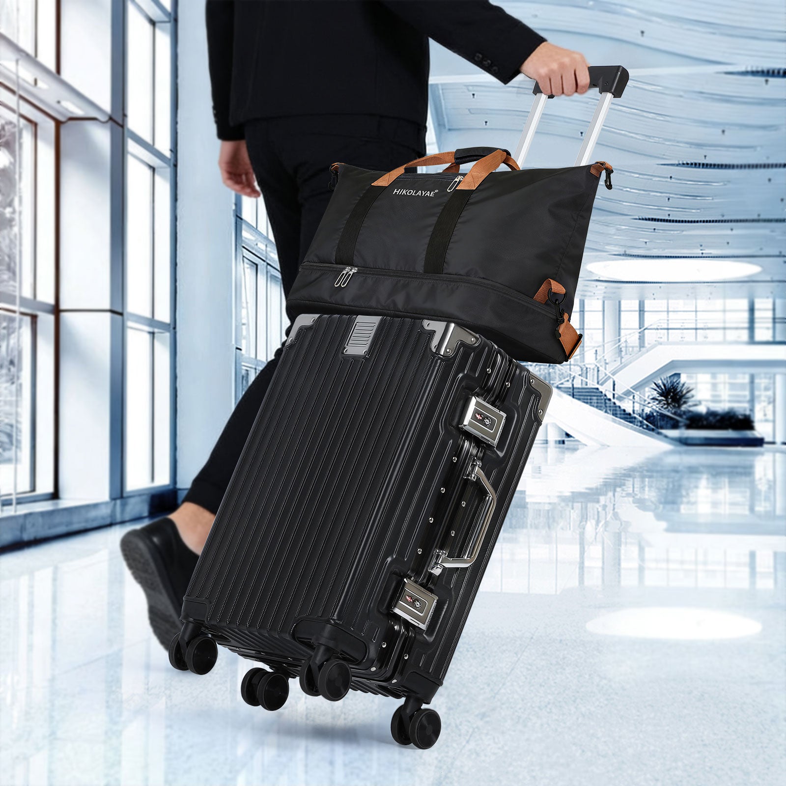 20 Inch Aluminum Frame Hardside Luggage with HIKOLAYAE Travel Tote Bag, Spinner Suitcase with TSA Lock & Detachable Carry-On Bag, Black