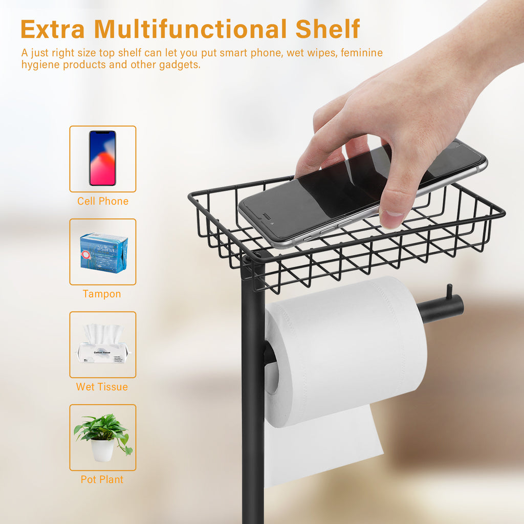 Free Standing Toilet Paper Holder Stand with Top Wire Storage Basket, Dual Spare Roll Holders Rustic Wood Base Black Metal Tissue Roll Rack, Multifunctional Floor Toilet Paper Organizer for Bathroom