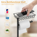 Free Standing Toilet Paper Holder Stand with Top Wire Storage Basket, Dual Spare Roll Holders Rustic Wood Base Black Metal Tissue Roll Rack, Multifunctional Floor Toilet Paper Organizer for Bathroom