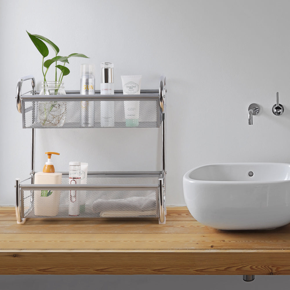 Silver 2 Tier Mesh Storage Rack Countertop Organizer, Double Basket Kitchen Bathroom Desktop Storage Shelf