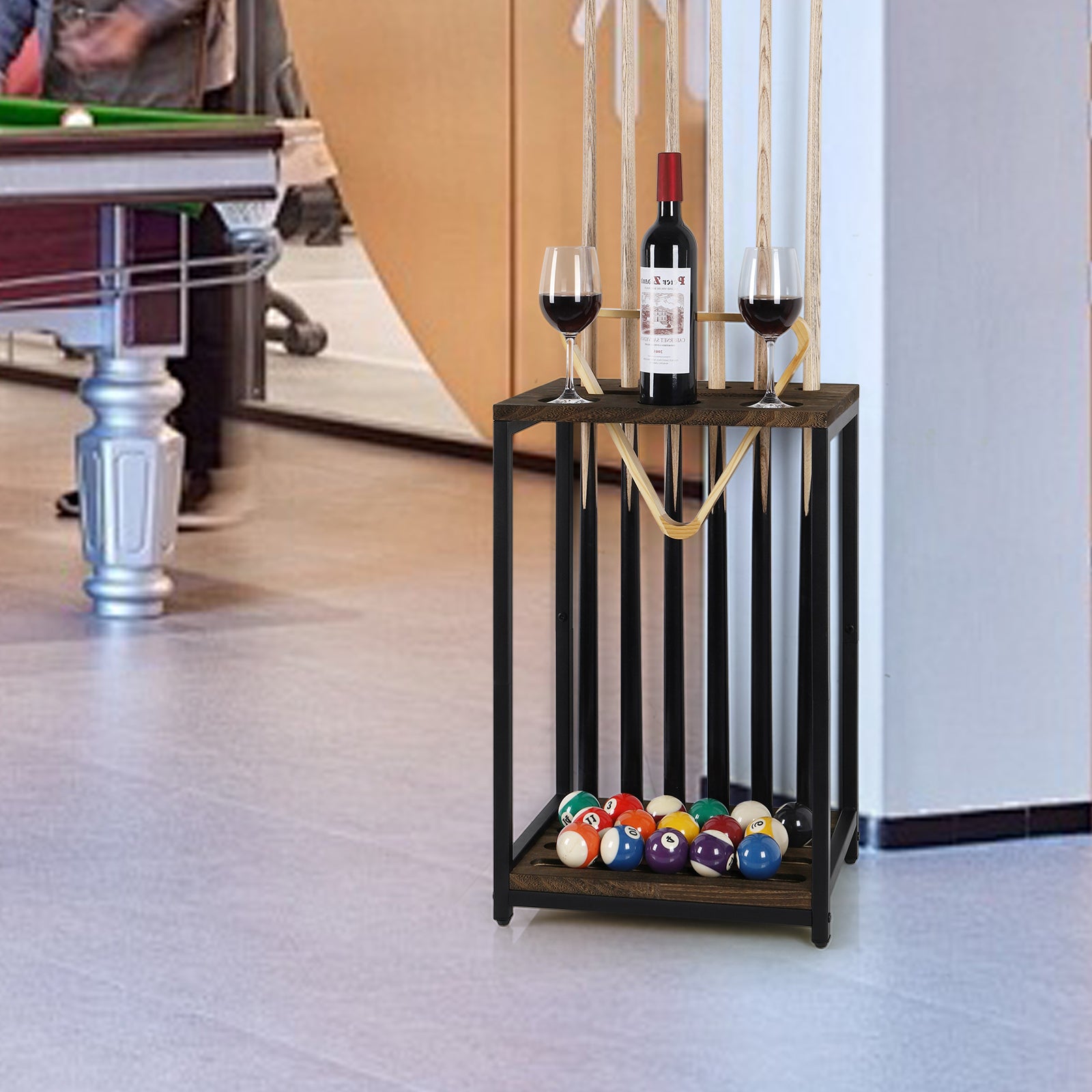 Wood Pool Cue Rack - Floor Stand Billiard Stick Holder for 6 Cues