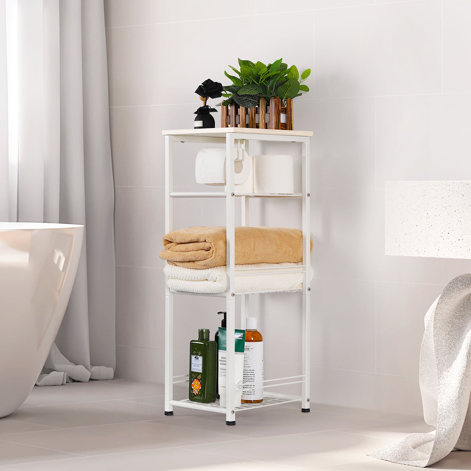 4-Tier Metal Towel and Storage Rack, Freestanding Small Shelf Unit for Bathroom and Living Room, White Finish