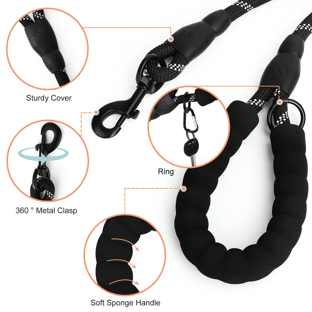 5FT Heavy Duty Dog Leash with Double Padded Handles, Reflective Nylon Rope Leash for Medium and Large Dogs, Walking and Training,