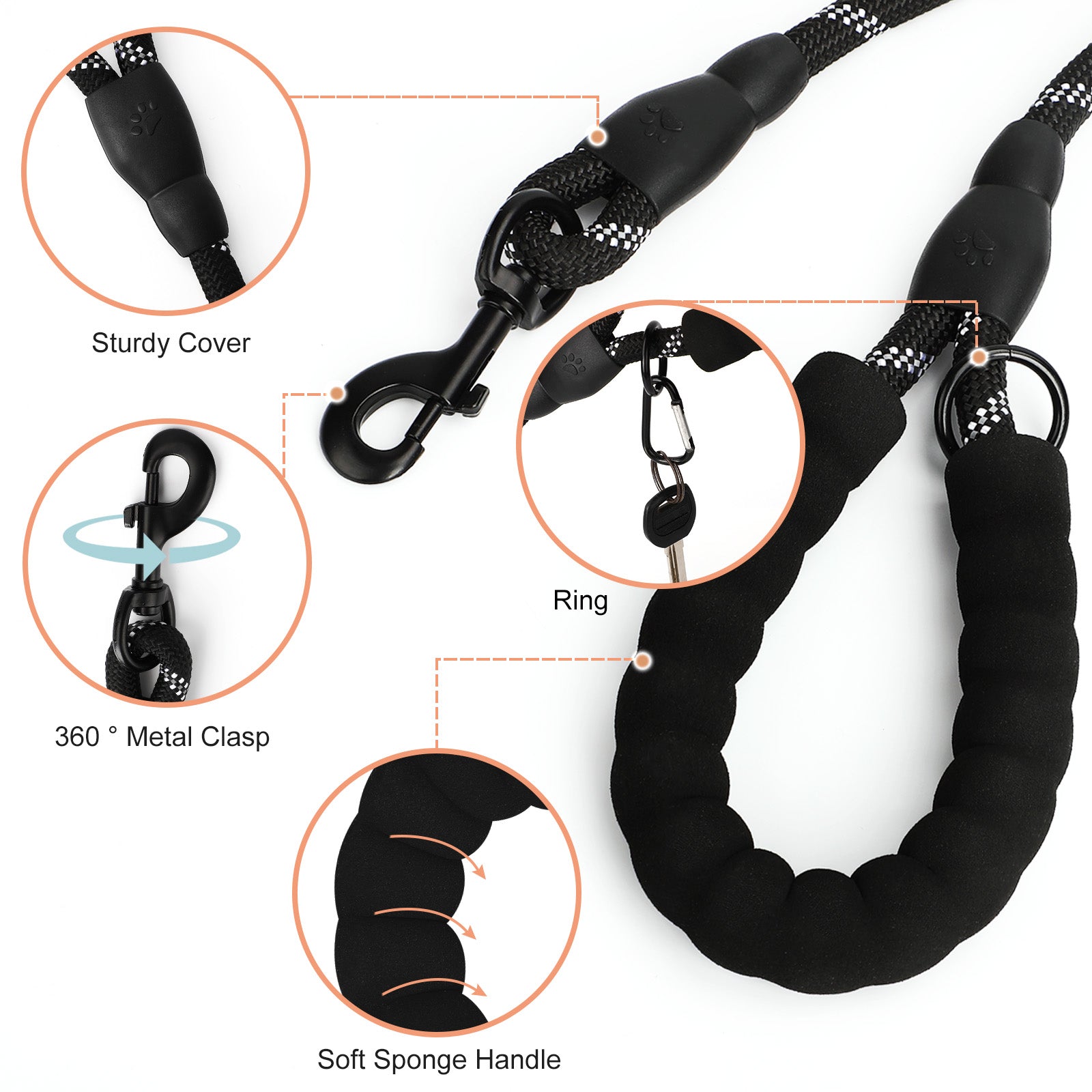 5FT Heavy Duty Dog Leash with Double Padded Handles, Reflective Nylon Rope Leash for Medium and Large Dogs, Walking and Training,