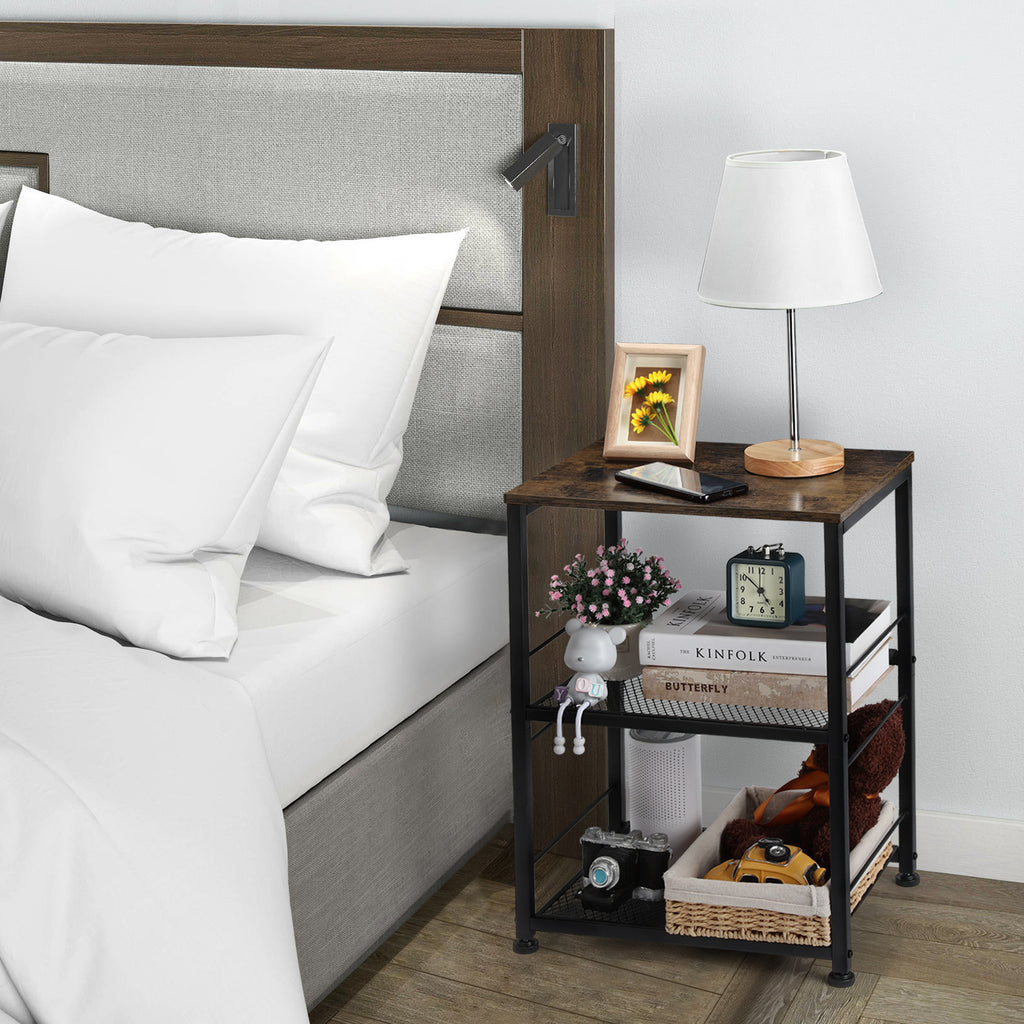 Bedside table - two layers of iron mesh. Three tiered rolling storage table. Sofa small side table. The bedside table is black. Suitable for bedrooms, living rooms, and small spaces.