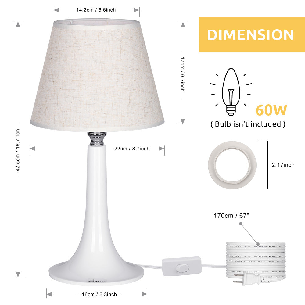 Pair of Contemporary White Table Lamps with Clear Acrylic Bases and Cloth Shades, Versatile Small Nightstand Lights for Kids' Rooms, Offices, or Bedrooms