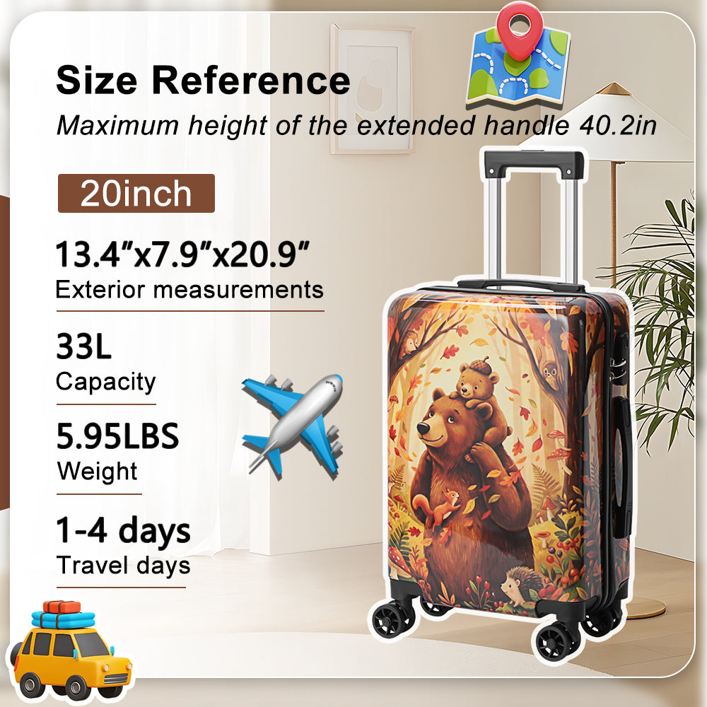 20 Inch Kids Carry On Luggage, Cute Bear Forest Print Hardside Suitcase with Spinner Wheels, Lightweight ABS Travel Suitcase for Boys Girls