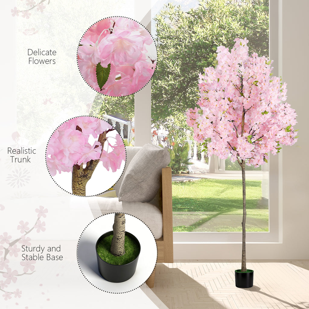 6FT Artificial Cherry Blossom Tree, 1.8M Tall Fake Pink Cherry Blossom Tree with Pot, Faux Floral Tree for Indoor Outdoor Home Wedding Party Decor