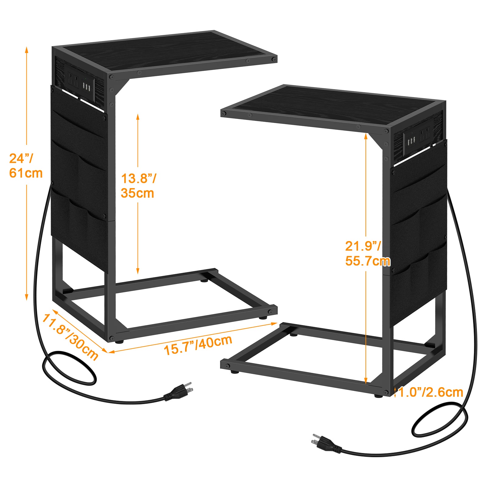 2-Pack C-Shaped Side Tables with Charging Station - Sofa End Tables with Outlets & USB Ports, Storage Pockets for Tablet & Remote, Black