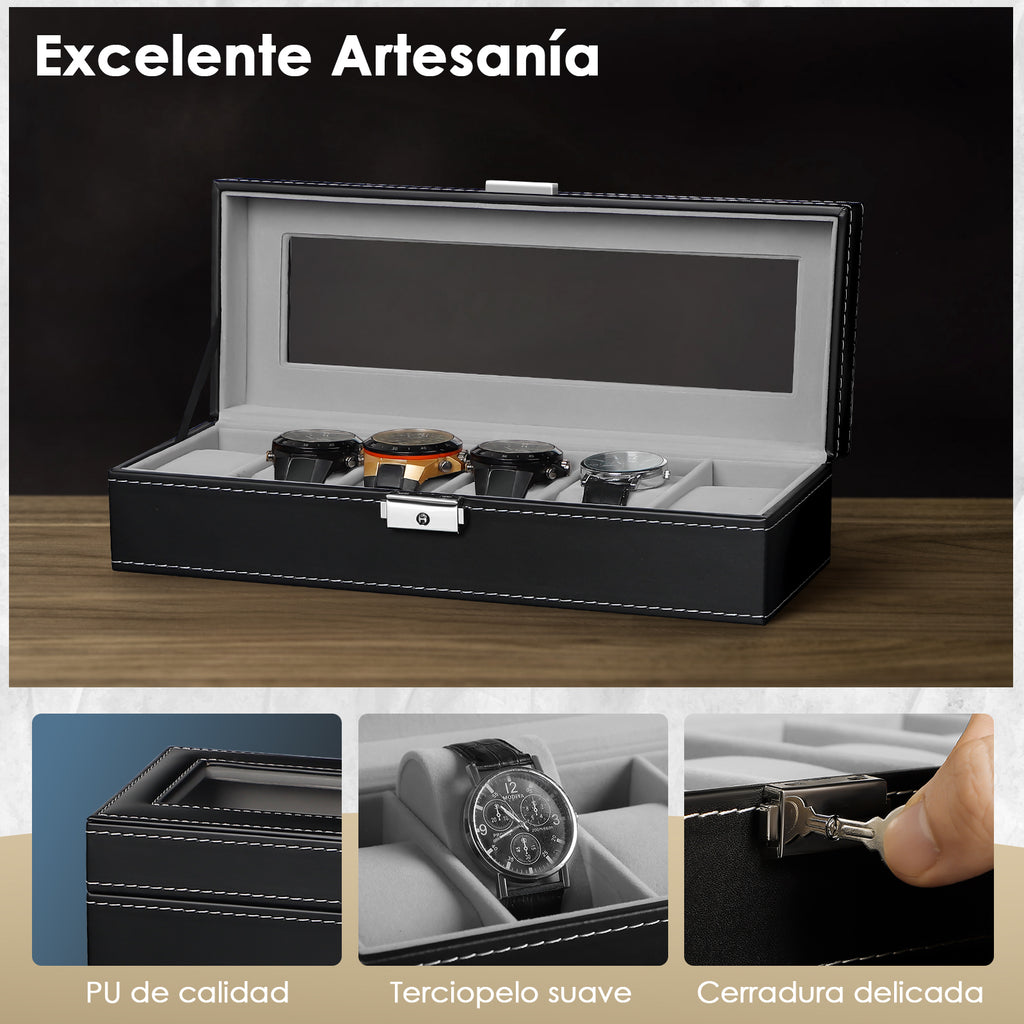 6-Slot Watch Box | Vegan Leather Display Case with Glass Viewing Top