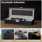 6-Slot Watch Box | Vegan Leather Display Case with Glass Viewing Top