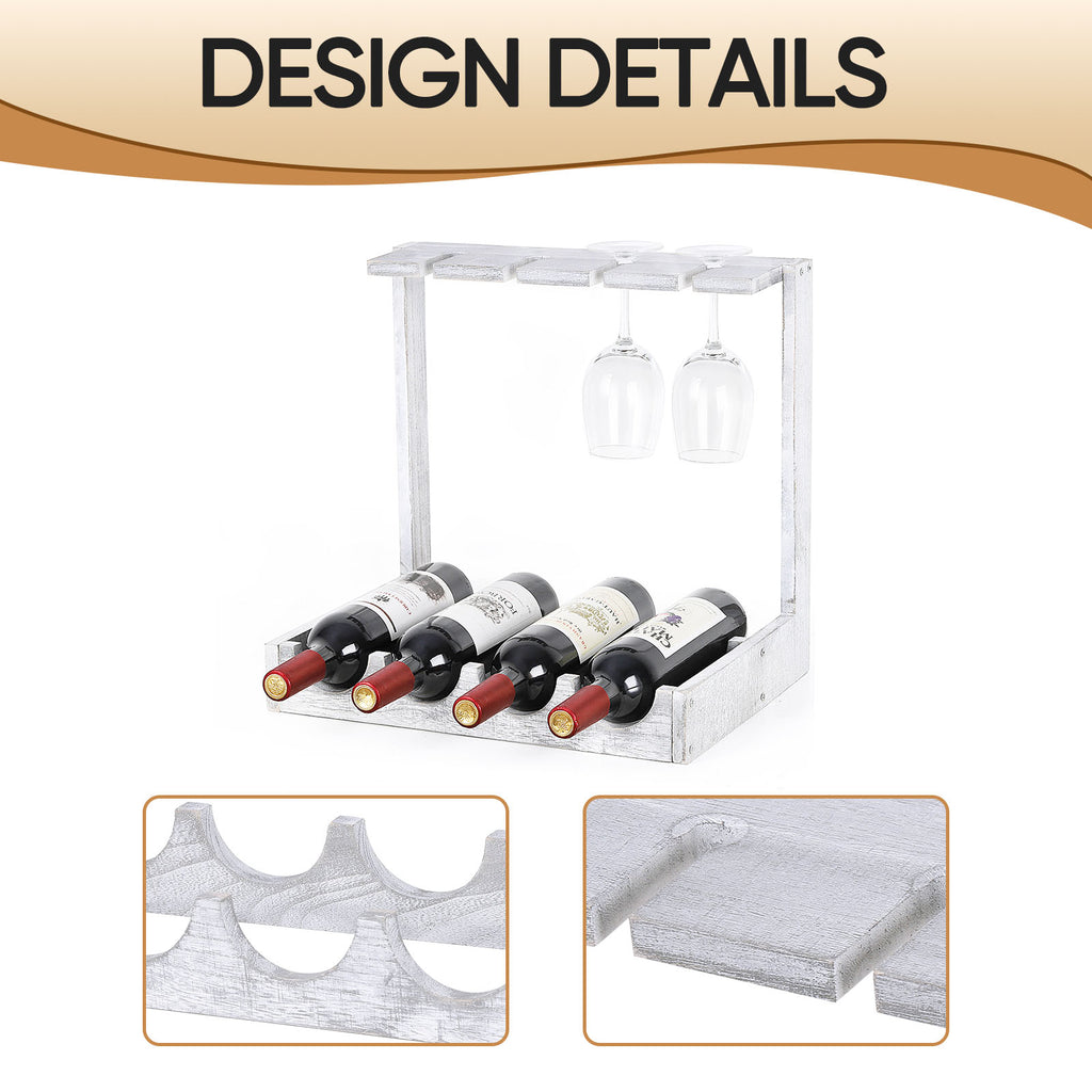 Wine glass holder, off-white tinge, table top, free-standing floor stand, countertop wooden wine glass holder, holds 4 glasses of wine and 4 glasses, small display stand