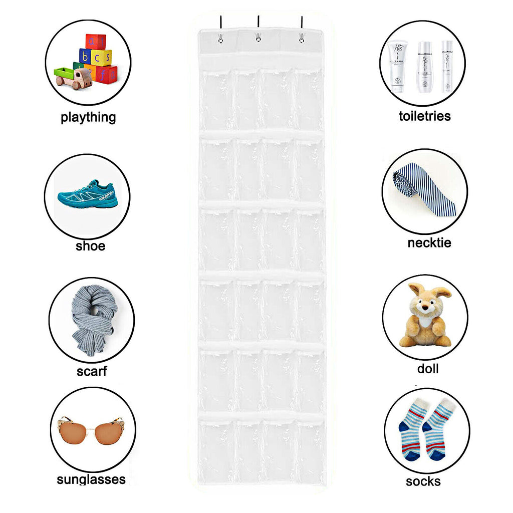 Clear Wall-Mount Pocket Organizer with Hooks, Multi-Purpose 24-Pocket Over-the-Door Hanging Storage Solution for Home and Office Organization