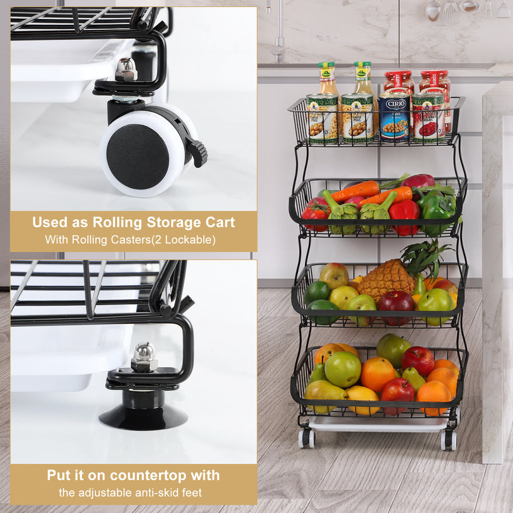 4-Tier Wire Rolling Fruit, Veggie Storage Cart: Space-Saving Sleek Organizer for Kitchen Counter, Pantry (with Wheels for Easy Mobility£©