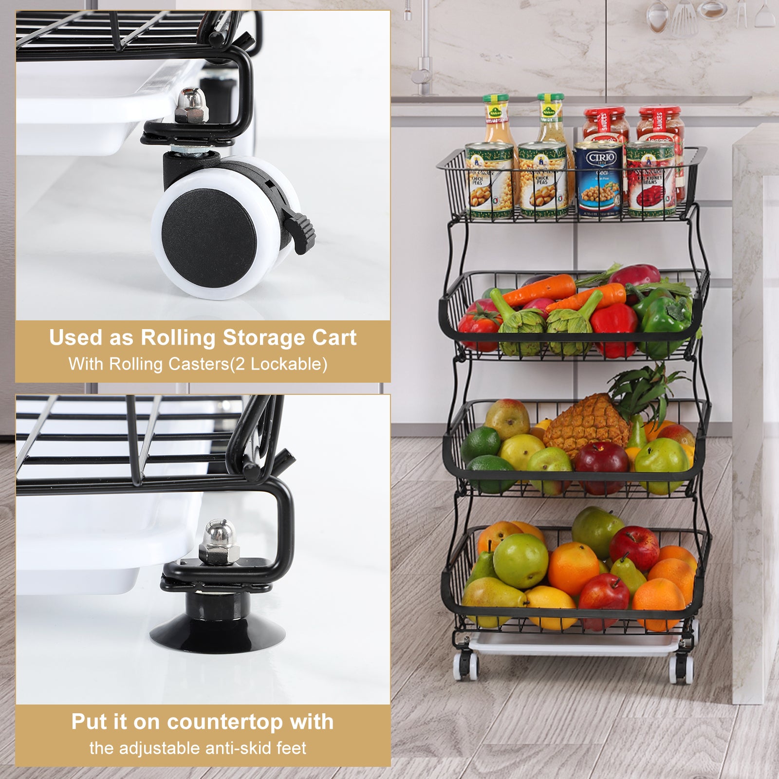 4-Tier Wire Rolling Fruit, Veggie Storage Cart: Space-Saving Sleek Organizer for Kitchen Counter, Pantry (with Wheels for Easy Mobility£©