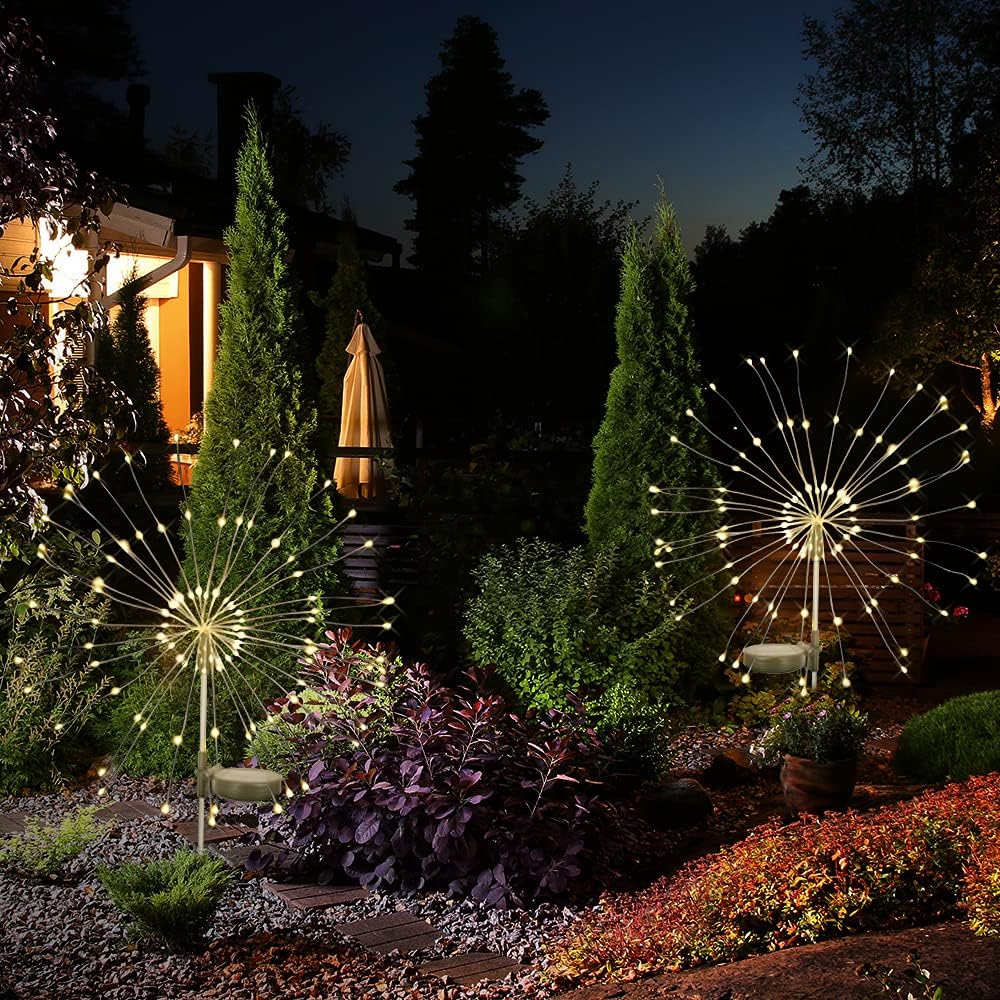 2 Pack Solar Firework Lights - 120 LED Outdoor Garden Decorative Pathway Lights w/ 8 Modes, Warm White