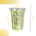 100-Pack 16oz/20oz/24oz Clear Plastic Cups with Lids & Straws - Leak-Proof Disposable Cups for Iced Coffee, Smoothies & Boba Tea
