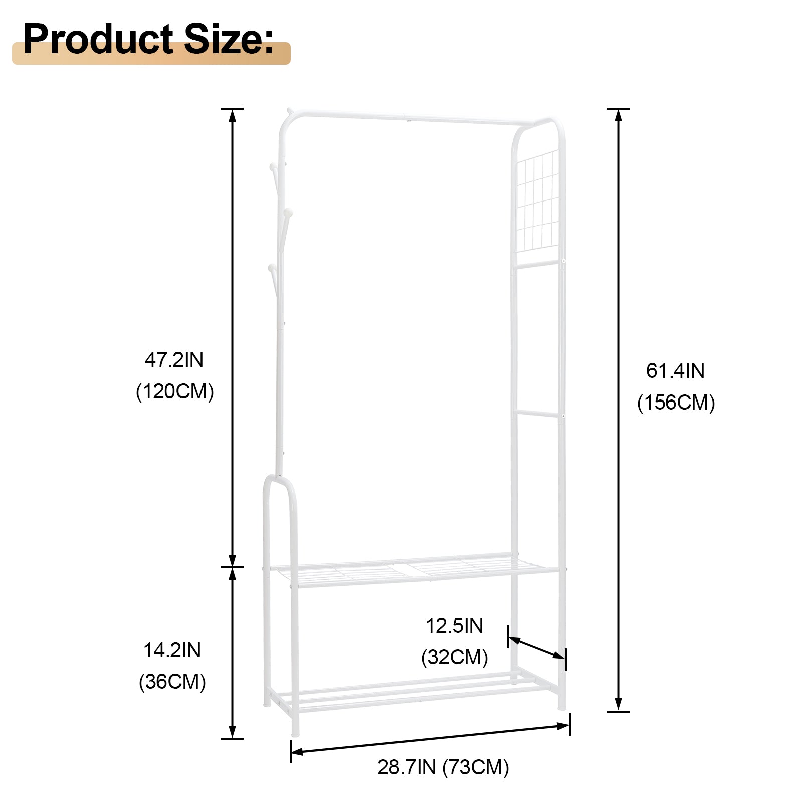 White Freestanding Coat Rack with 2-Tier Shoe Shelves, Metal Clothing Garment Rack for Bedroom & Entryway,