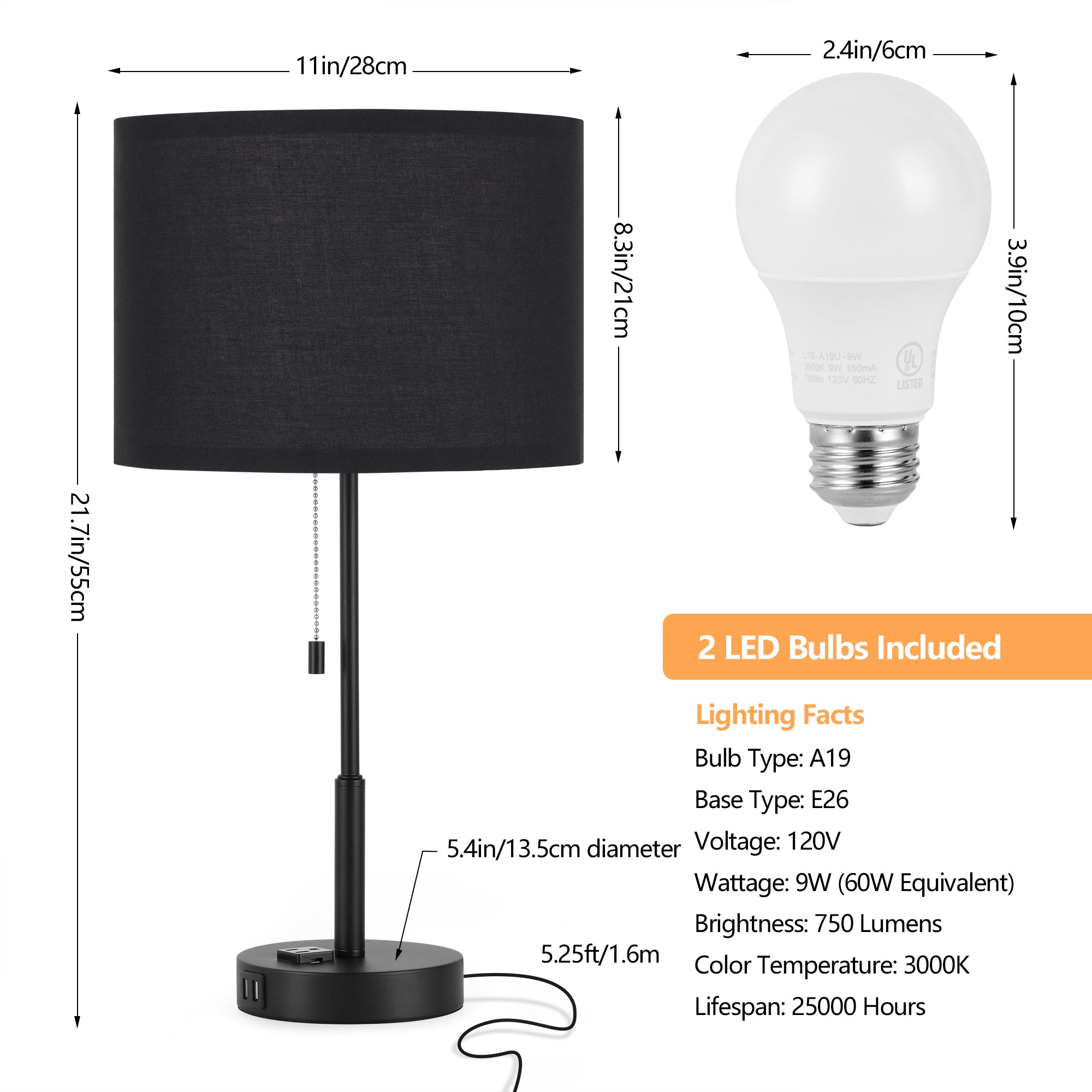 Set of 2 Contemporary Black Nightstand Lamps with Dual USB Ports for Bedroom and Living Room Use