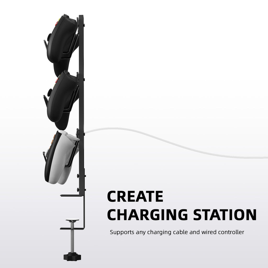 3 Tier Clamp-on Game Controller Holder, Metal Desk Mount Gamepad Organizer Stand Compatible with Xbox PS5 PS4 Switch Controllers, No Drilling Gaming Accessory Storage Rack for Desk Game Room