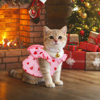 Strawberry Print Pet Dress with 2 Pack Adjustable Cat Collars with Bell, Cute Ruffle Bow Pet Clothes for Small Medium Cats, Kitten Girl Outfit, Soft Lightweight Puppy Costume for Daily Party Wear