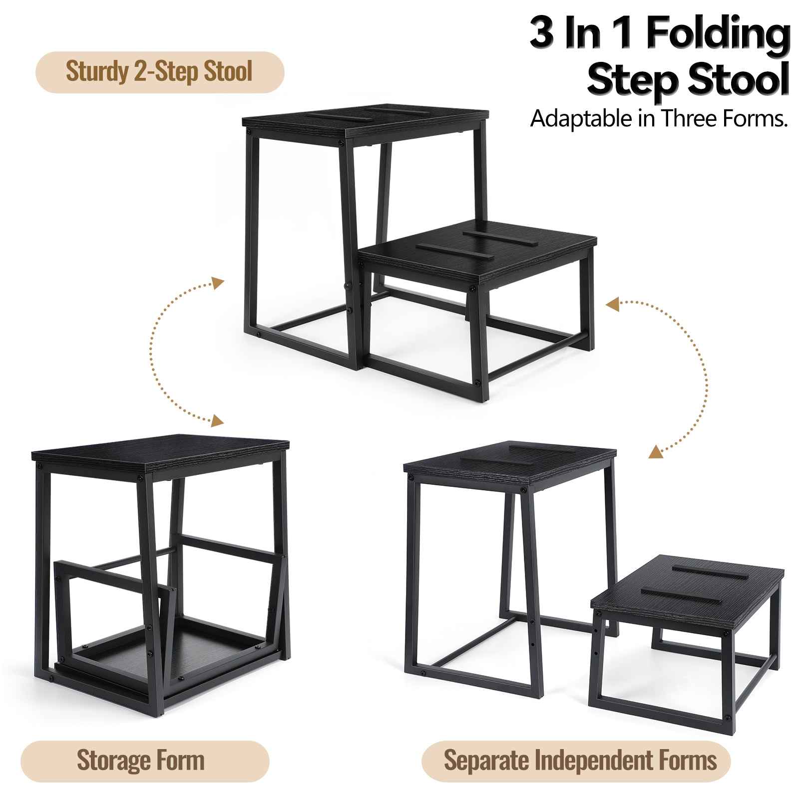 2 In1 Wooden Shoe Bench Heavy Duty Folding 2 Step Stool For Adults, Sturdy Metal Frame Beside Stepping Stool For High Beds, Step Stool Helper Foot Stool For Office, Home, Kitchen Bathroom Bedroom, RV