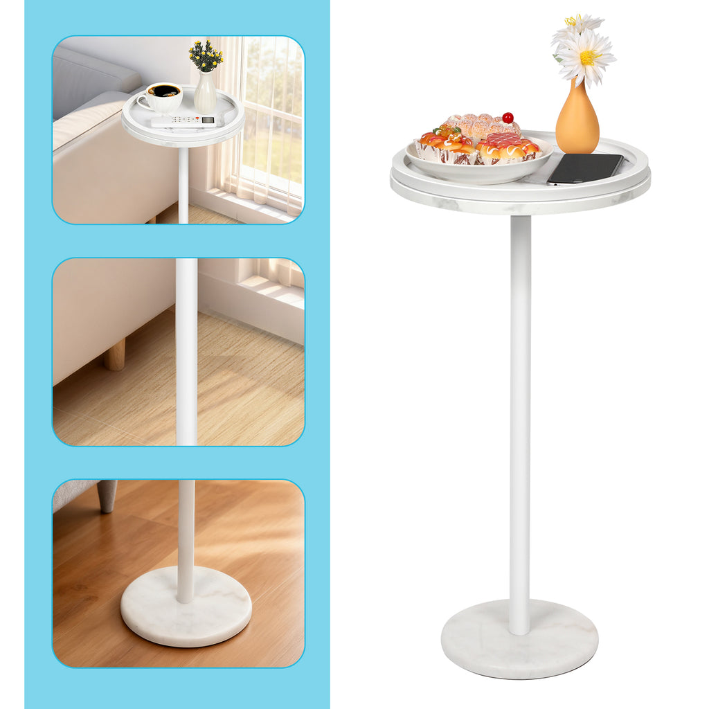 Modern Round Drink Table with Faux Marble Base - Slim Pedestal Side Table for Small Spaces, White,