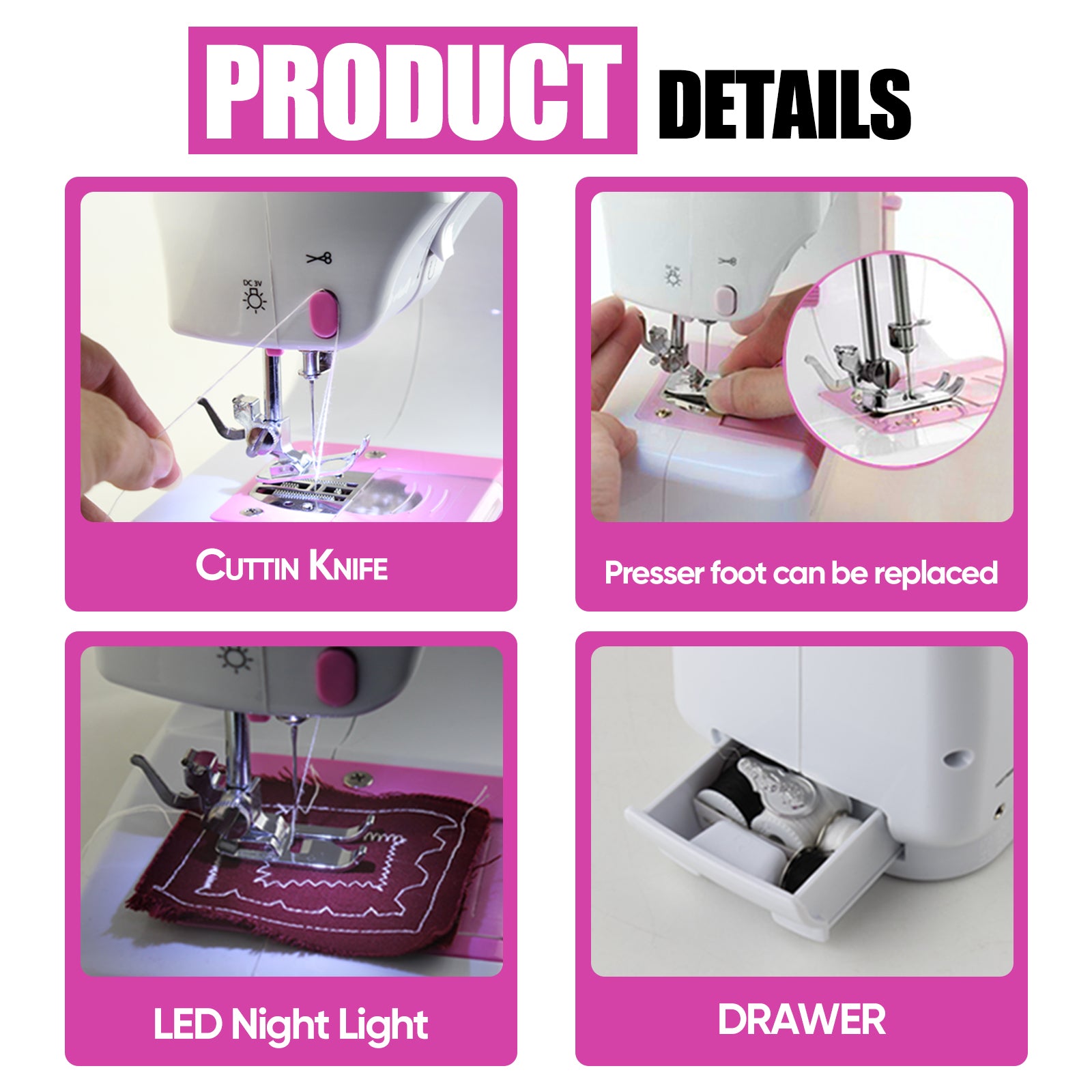 Portable Multi-Functional Sewing Machine - 12 Built-in Stitches & 2 Speeds - Electric Crafting Machine for Adults & Beginners, Pink