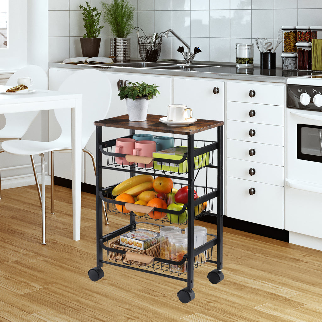 4-Tier Rolling Kitchen Island Cart - Mobile Utility Trolley with Wood Top & Wire Baskets, Rustic Brown,