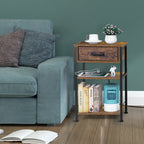 3-Tier Nightstand with Charging Station & Fabric Drawer, Rustic Brown Bedside Table for Living Room & Small Spaces,