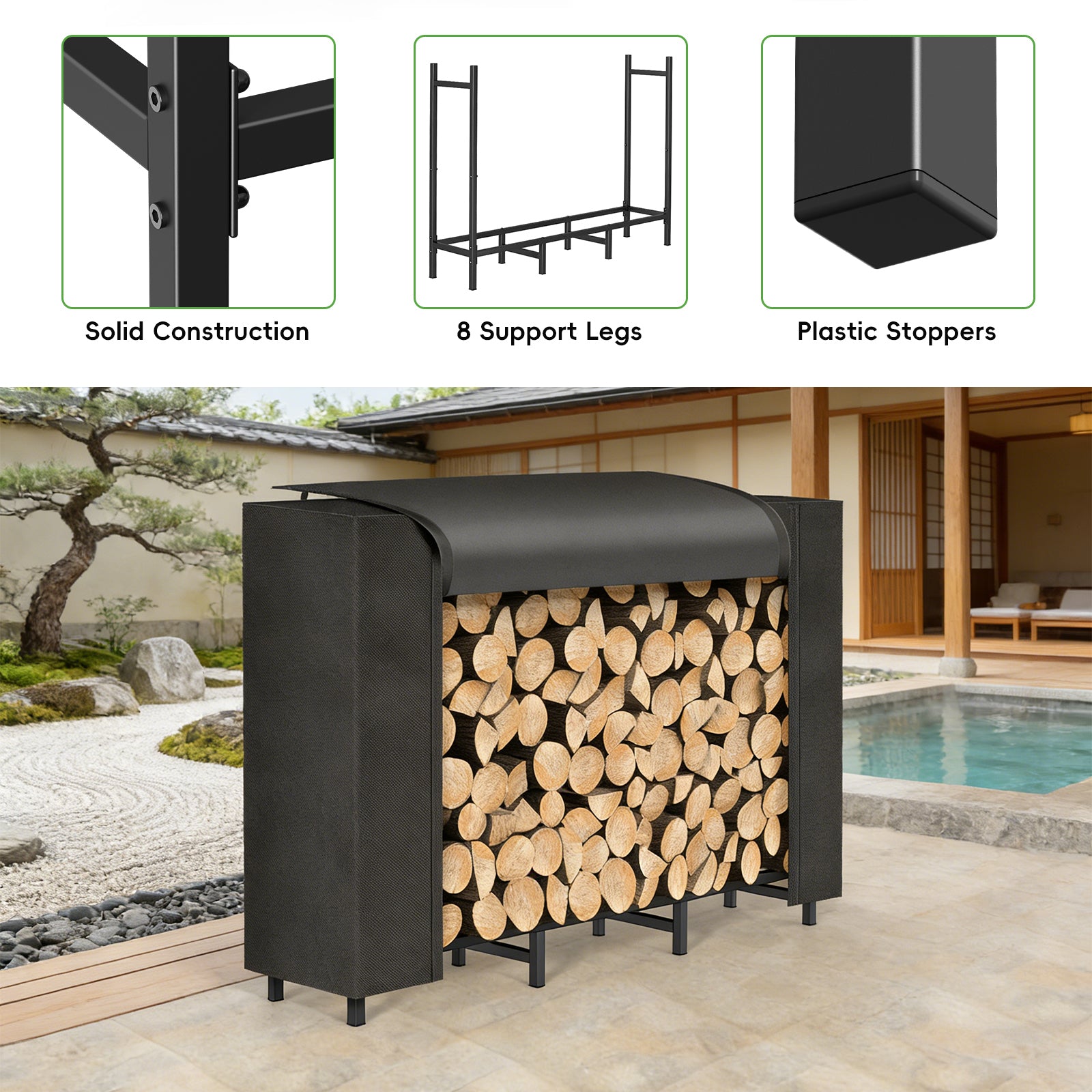 Firewood Rack with Cover - Heavy Duty Outdoor Log Holder & Storage Stand, Black