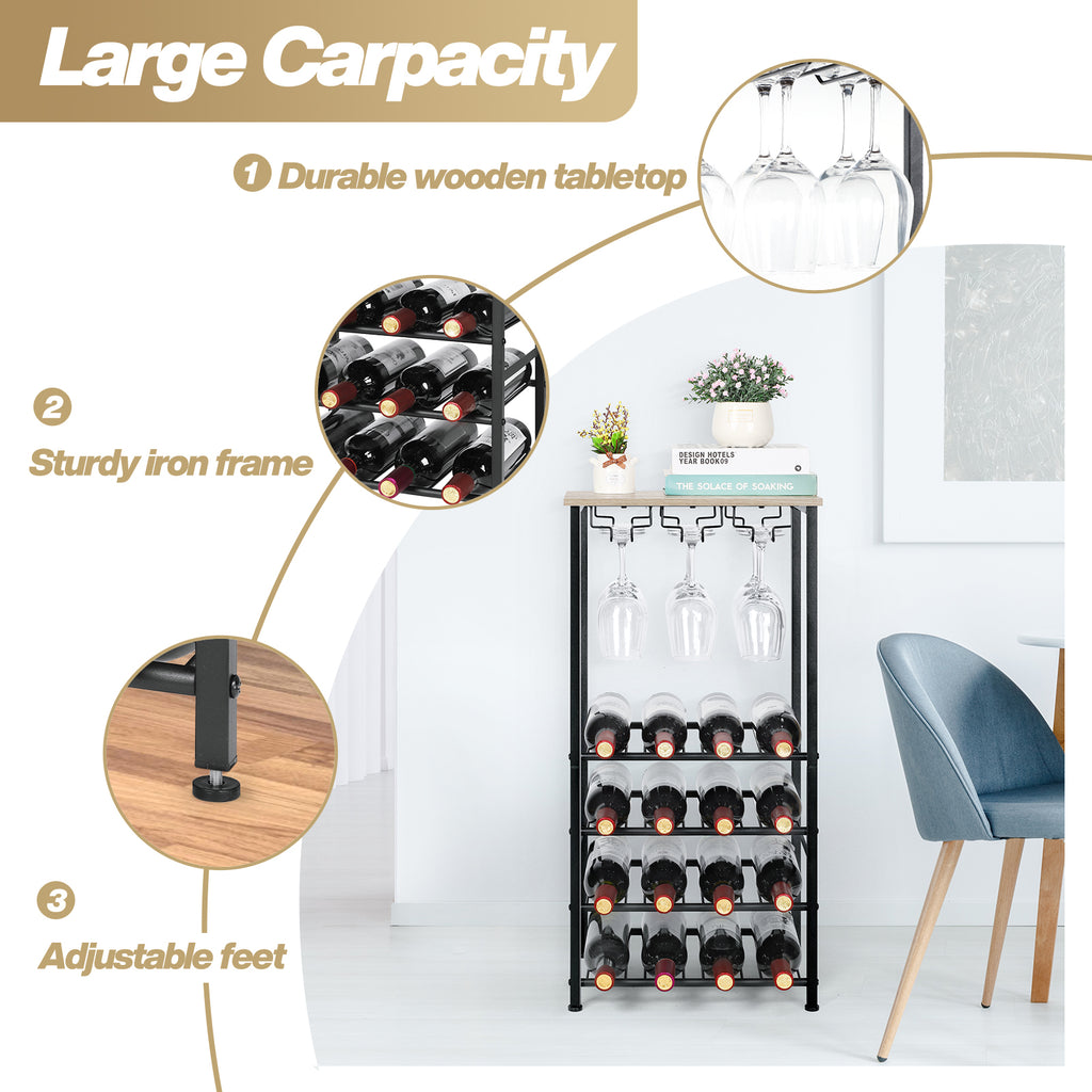Freestanding Wine Rack Floor Stand with Glass Hanging Holder, Gray Oak Wood Top Metal Wine Storage Organizer, Holds 16 Wine Bottles & 9 Stem Glasses, Bar Cabinet Rack for Kitchen Dining Living Room
