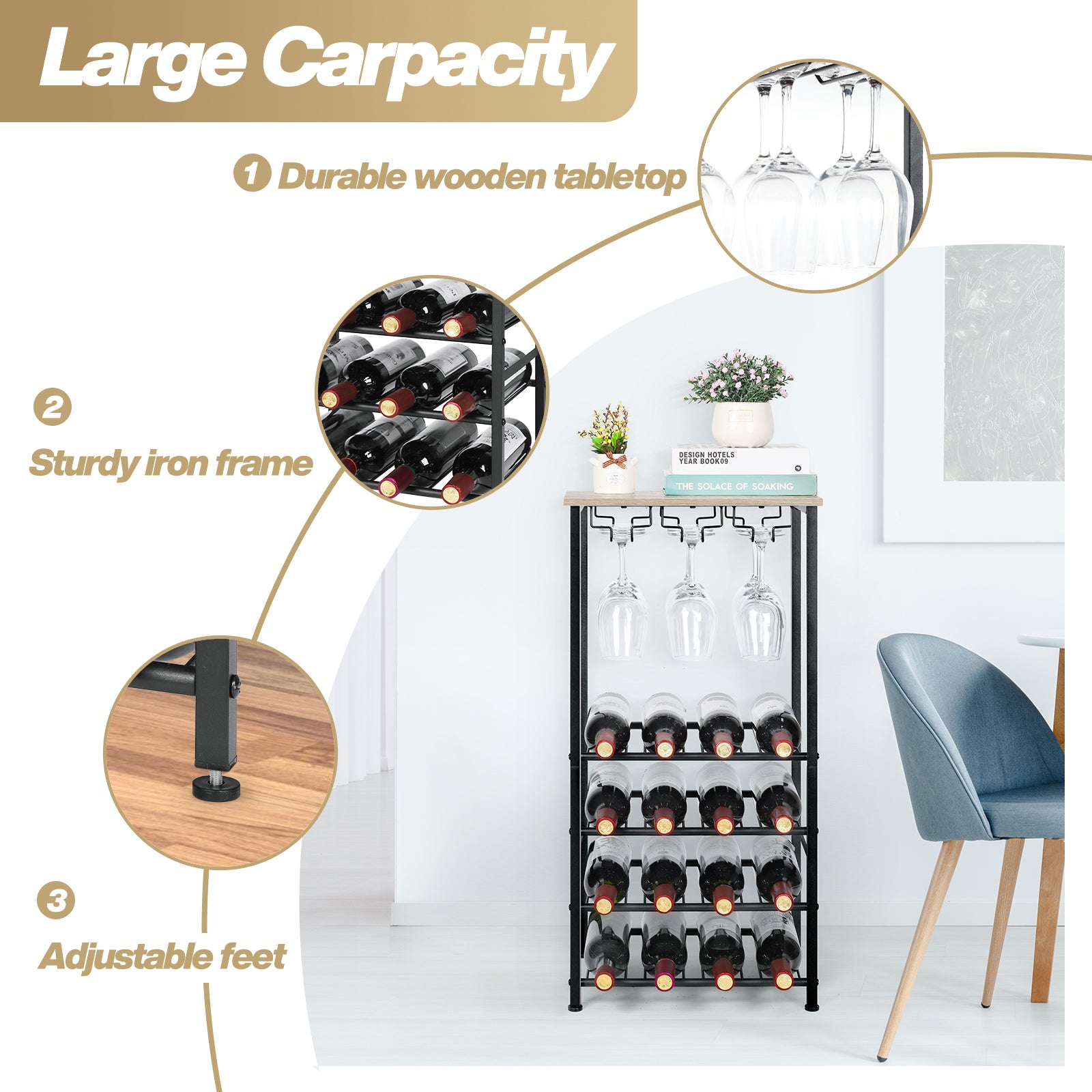 Freestanding Wine Rack Floor Stand with Glass Hanging Holder, Gray Oak Wood Top Metal Wine Storage Organizer, Holds 16 Wine Bottles & 9 Stem Glasses, Bar Cabinet Rack for Kitchen Dining Living Room