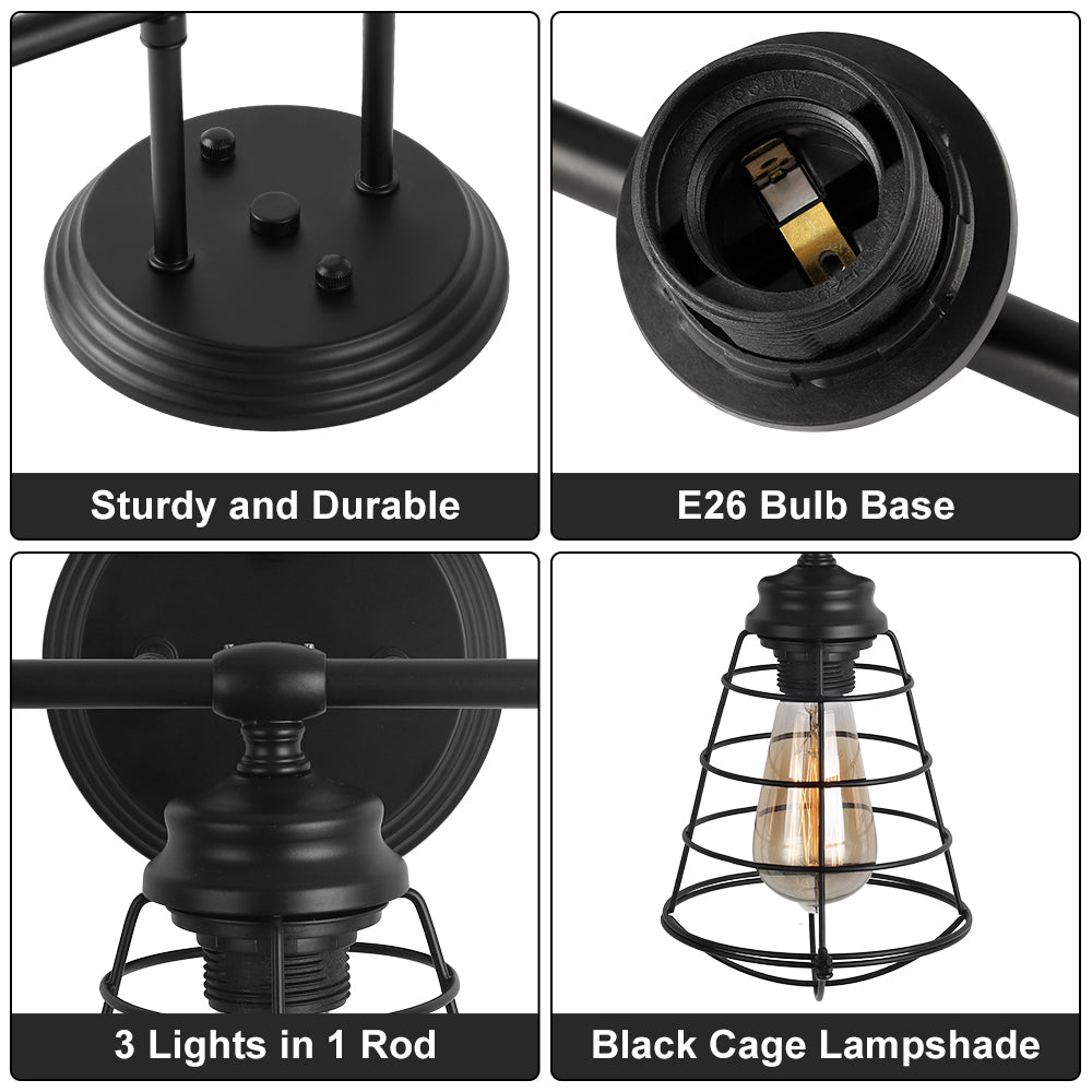 3 Lights Bathroom Vanity Lights, Industrial Black Wall Lights with Metal Lampshade, Farmhouse Vanity Lights for Bathroom, Kitchen, Living Room
