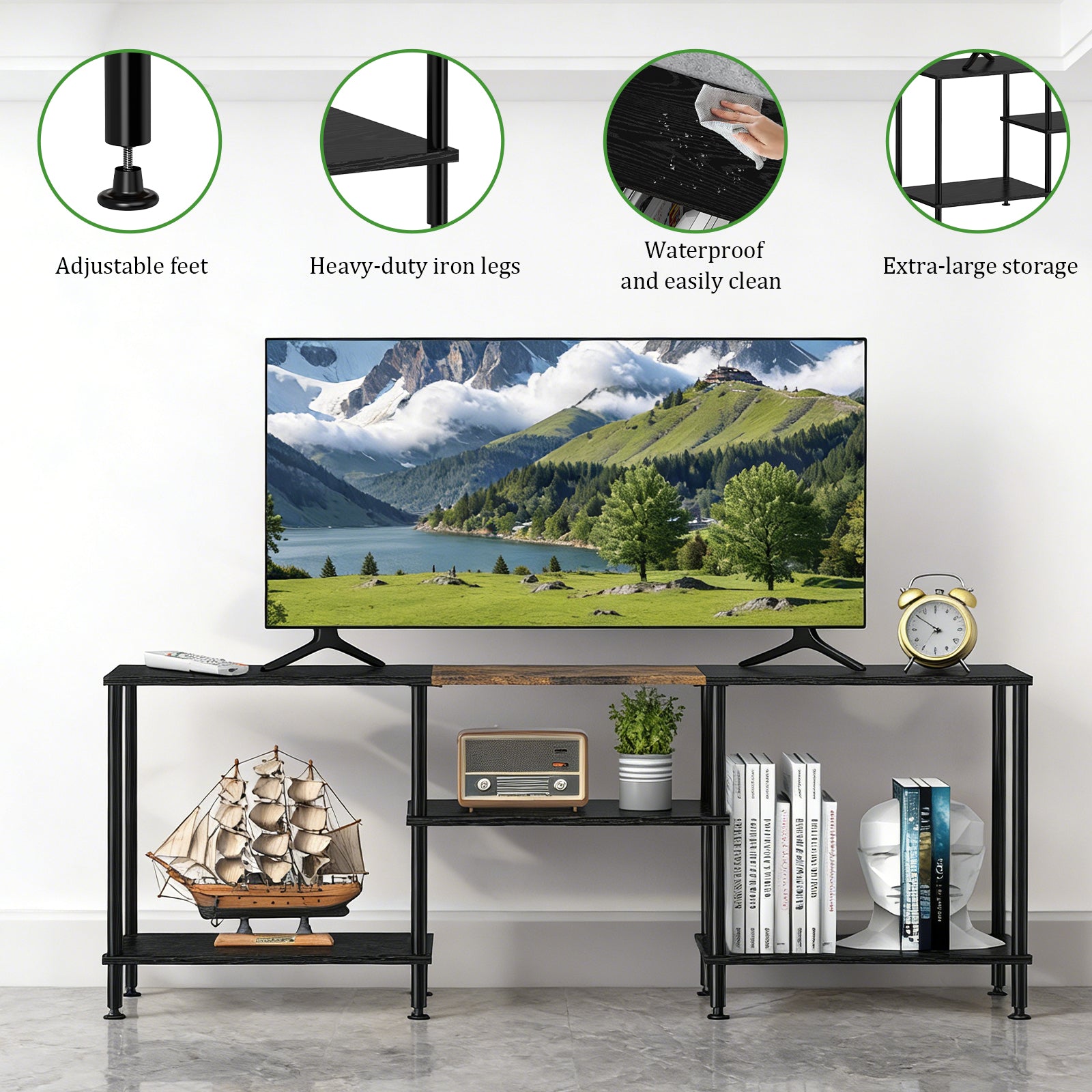 50" Minimalist Entertainment Center | Modern Black TV Stand with Integrated Storage