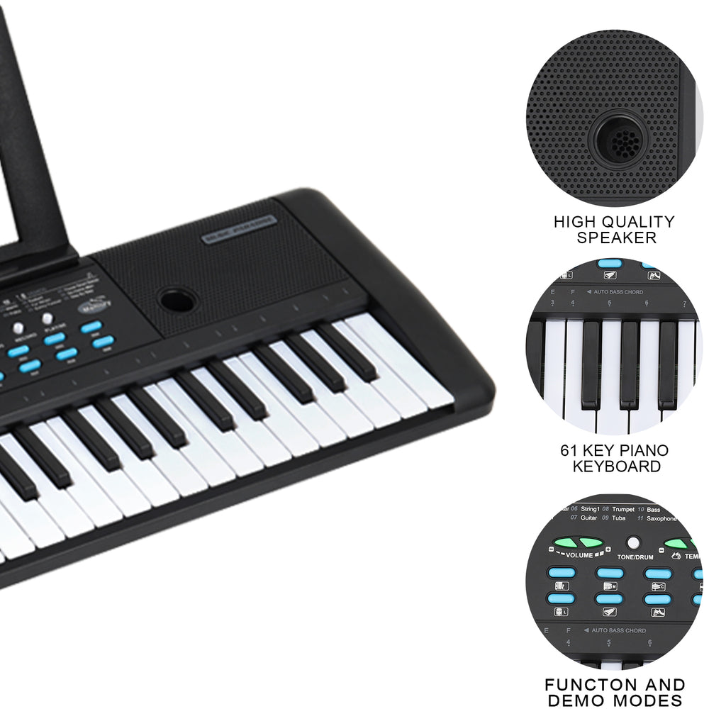 61-Key Portable Electronic Keyboard Piano - Kids Musical Learning Toy with Built-in Speakers & Microphone - Sheet Music Stand Included