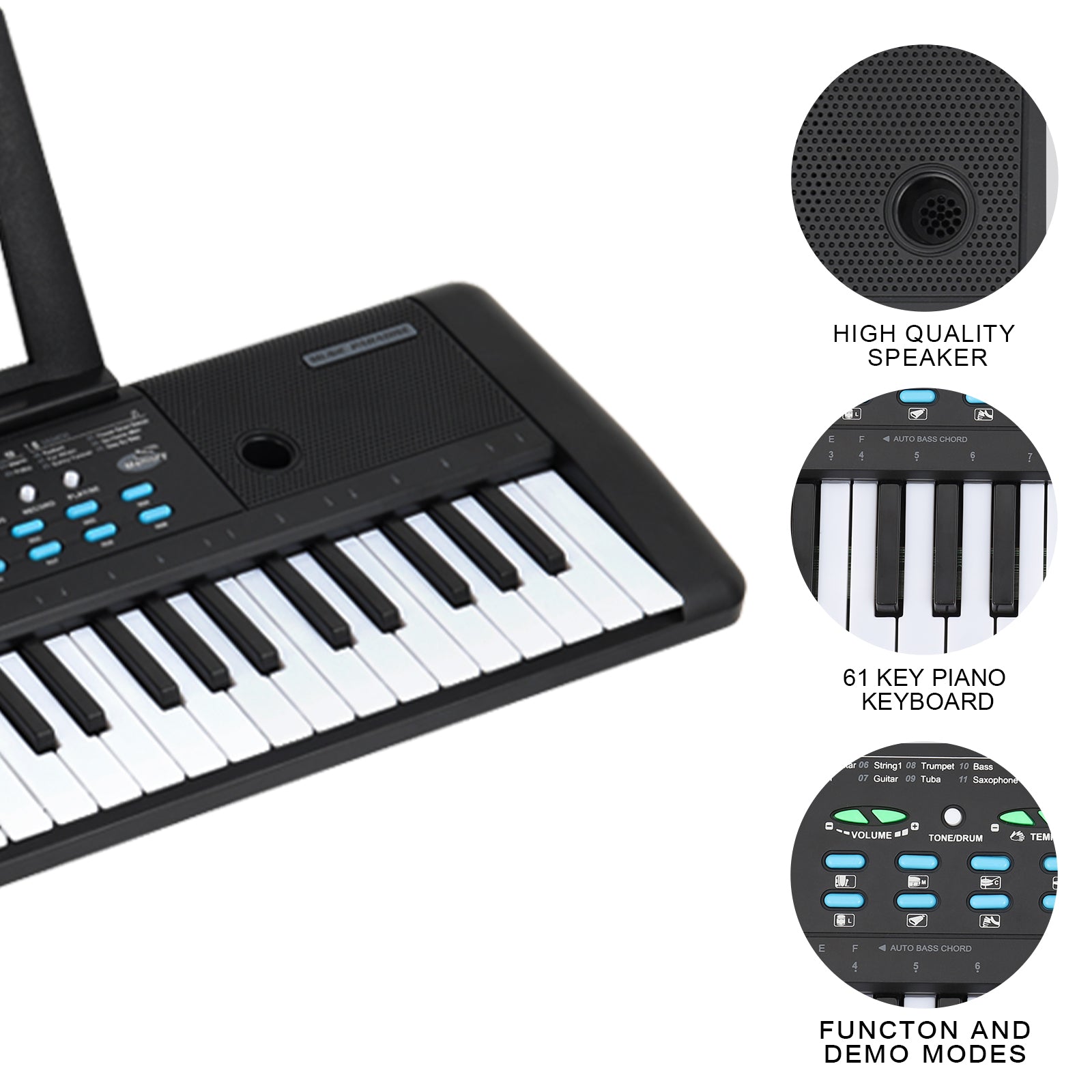 61-Key Portable Electronic Keyboard Piano - Kids Musical Learning Toy with Built-in Speakers & Microphone - Sheet Music Stand Included